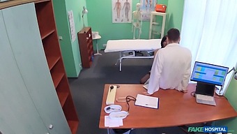 Married Woman Has Sex With Her Doctor As Soon As Her Husband Leaves The Room In A Fake Hospital Scene.